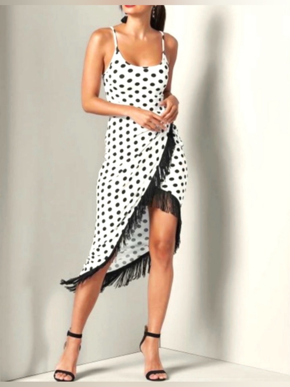 Venus White Black Polka Dot Twist Front Fringe Detail Midi Dress